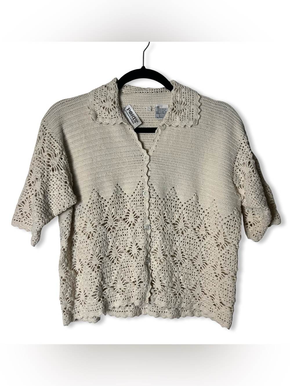 Ports International Women’s Vintage Off-White Crochet Button-Down Top Size M